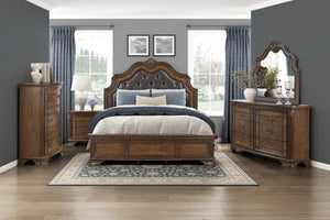 English Elm Formal California King Bed With Elegant Upholstered Headboard & Intricate Wood Carvings - Luxurious Design B011S02039