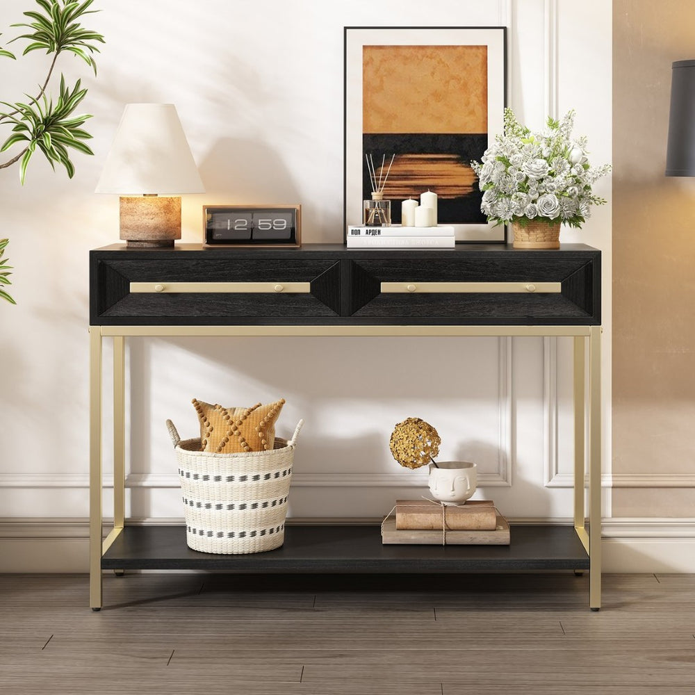 English Elm Trexm Retro Modern Console Table Two Drawers Geometric Matte Black Gold Entryway N715P227910B