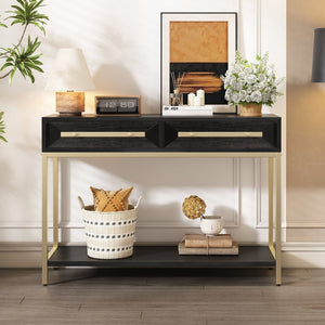 English Elm Trexm Retro Modern Console Table Two Drawers Geometric Matte Black Gold Entryway N715P227910B