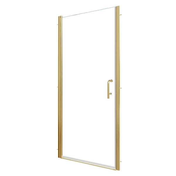 English Elm 34-36 in Frameless Pivot Shower Door Clear Tempered Glass with Brushed Gold Hardware W637P400612