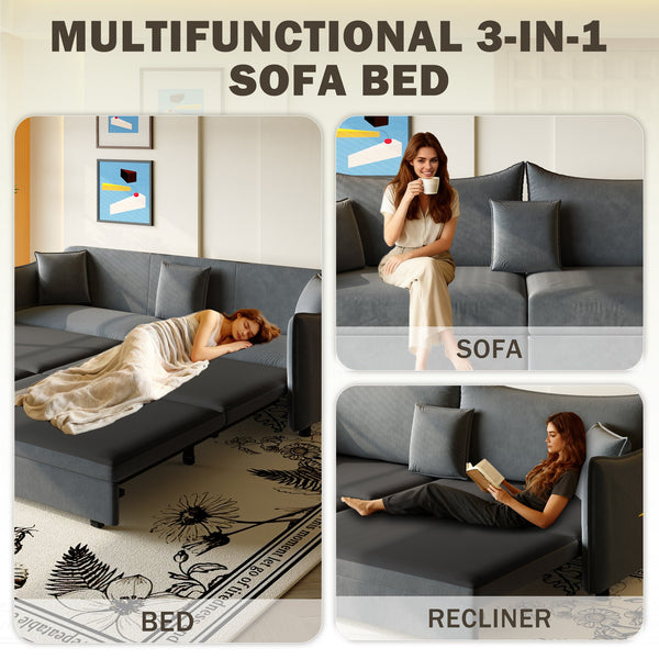 English Elm 81.9" 3-in-1 Convertible Sleeper Sofa Bed with Velvet Upholstery, 3 Pillows & Golden Trim Accent DARK GREY W1885S00253