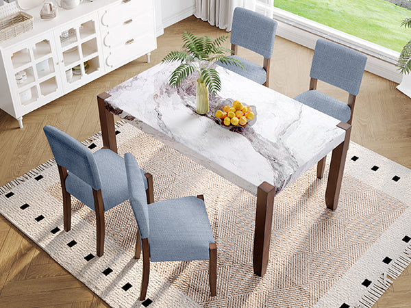 English Elm 5-Piece Counter Height Dining Set with Faux Marble Top and Upholstered Seats, Mid-Century Pub Charm Gray,White N752S000885E