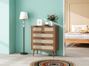 English Elm 5 Drawer Cabinet with Pine Feet, Engineered Rattan Finish, Anti-Dump Safety, Durable Moisture-Proof Storage (37.41"x18.9"x9.45") W688137513