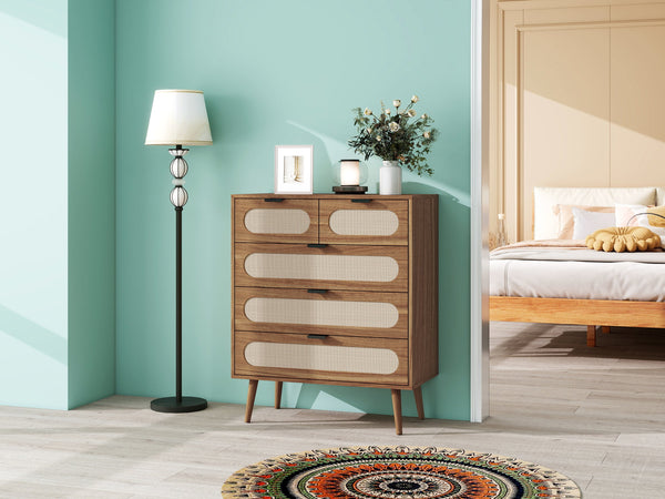 English Elm 5 Drawer Cabinet with Pine Feet, Engineered Rattan Finish, Anti-Dump Safety, Durable Moisture-Proof Storage (37.41"x18.9"x9.45") W688137513