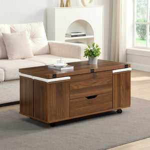 English Elm Christopher Knight Home® - Multi-Functional Lift-Top Coffee Table with Hidden Storage, 4 Stools, Lockable Casters & Desk Space Walnut,White N770P309783W