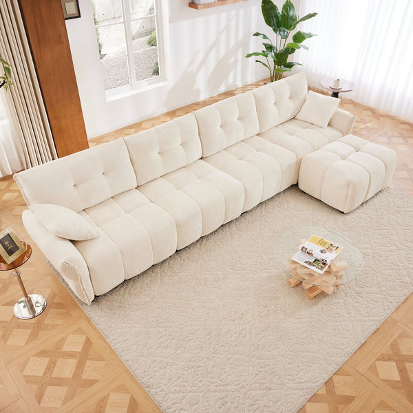 English Elm Modular 4-Seater Sofa With Ottoman - Configurable Chenille Upholstery, Solid Wood Frame, Durable Comfort White W714S01141