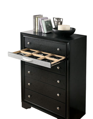 English Elm Contemporary Chic Chest with Gold Accents, Acrylic Trim, Metal Bracket Legs and Dust‑Proof Drawers Black 38 L x 20 W x 56 H B2741P375927