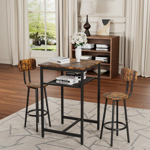 English Elm Bar bar table set with 2 rustic brown stools and backrests, sturdy iron & particleboard, 300/350lbs capacity W57868881