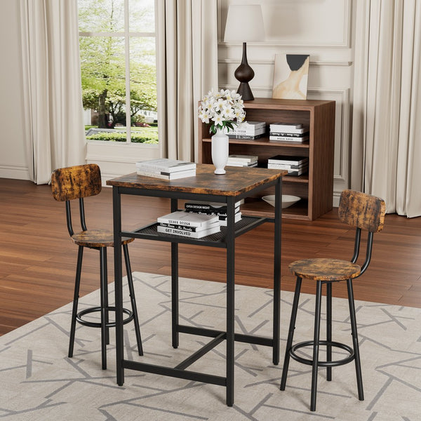 English Elm Bar bar table set with 2 rustic brown stools and backrests, sturdy iron & particleboard, 300/350lbs capacity W57868881