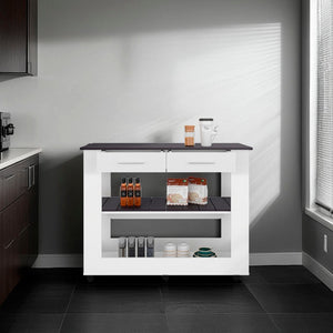 English Elm White Engineered Wood Rolling Kitchen Island with Drawers Cabinet and Open Shelving B062P439952