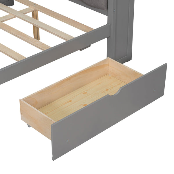 English Elm Wood Full Size Gaming Loft Bed with Integrated Desk, Shelves, LED Lighting & Hanging Clothes Rack Grey N7090001047E