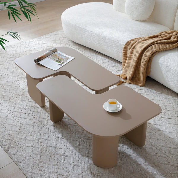 English Elm 2 Pcs Modern Modular Coffee Table Set with Interlocking L-Shape, Curved Legs, Durable MDF Finish khaki W2664S00051