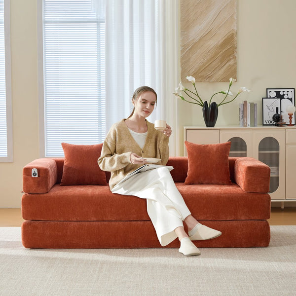 English Elm UNITED Folding Sofa Bed with Removable Cover Zipper, Chenille Memory Foam Sleeper for Small Spaces Orange W1568P293805