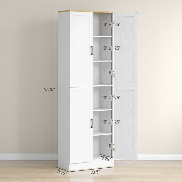 English Elm HOMCOM 67" Freestanding Kitchen Pantry Cabinet with 4 Doors, 6-Tier Adjustable Shelves, Rustic Charm White W2225P249923