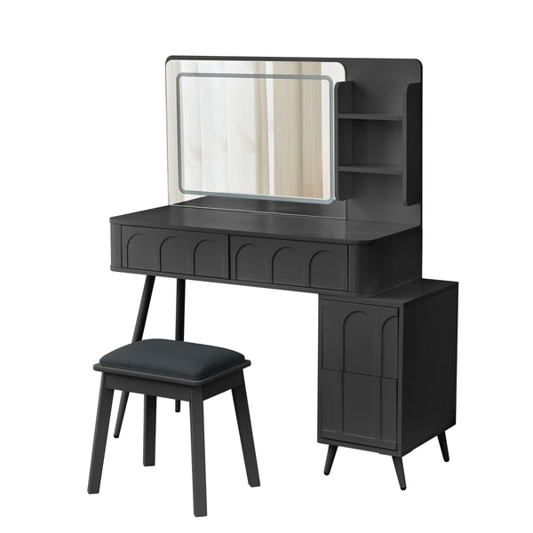 English Elm Modern Makeup Vanity Desk with Slide-Out Cabinet, LED Mirror, 4 Soft-Close Drawers & Cushioned Stool Black N844P257529B