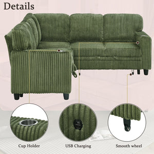 English Elm L-shaped Sectional Sleeper Sofa with Hidden Storage Usb Charging Corduroy Upholstery Olive Green W1998S00095