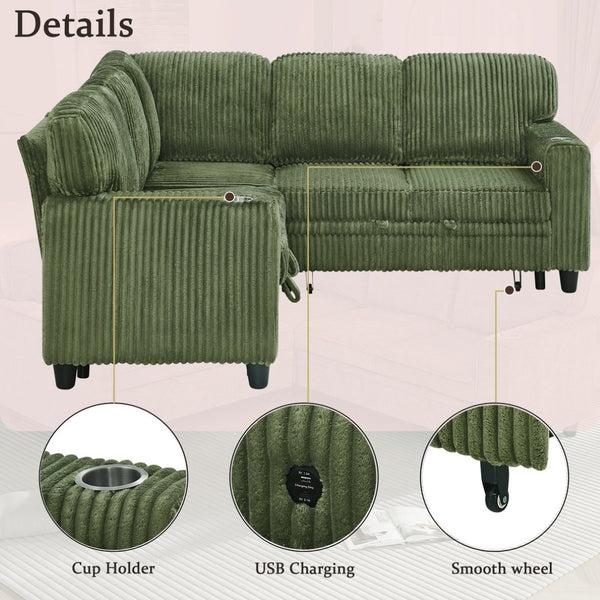 English Elm L-shaped Sectional Sleeper Sofa with Hidden Storage Usb Charging Corduroy Upholstery Olive Green W1998S00095