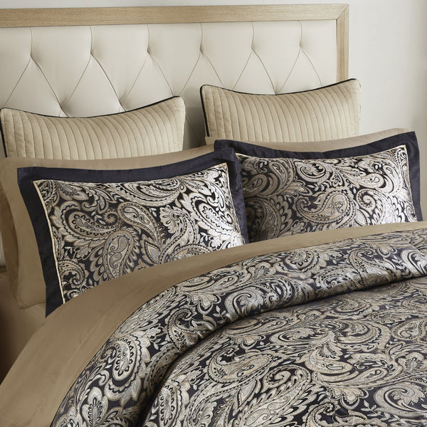 English Elm 12 Piece Madison Park Aubrey Jacquard Comforter Set Full with 200TC Cotton Sheets Black Gold Paisley Elegance B035128818