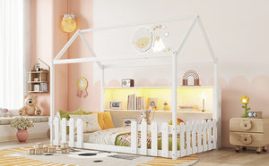 English Elm Twin House Bed with LED Light and Built-In Bookshelf, Solid Wood Playhouse Design for Kids Safety White 78.15 L x 15.75 W x 6.1 H W2593P269087