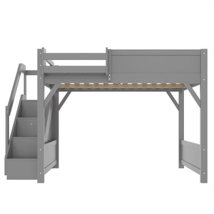 English Elm Twin Low Loft Bed Solid Pine Frame Kids Study Desk Blackboard Storage White Gray W1580S00469