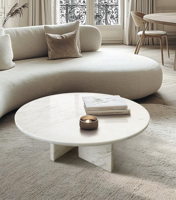 English Elm White Genuine Marble Coffee Table Set – Elegant Round Design For Stylish Living Room & Lounge Decor W1696P262765-GIGA