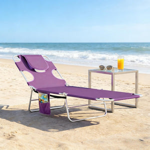 English Elm Handy Tri-fold Outdoor Lounger with Face Cavity Steel Frame Oxford Fabric Tanning Bed Purple T3971P481276