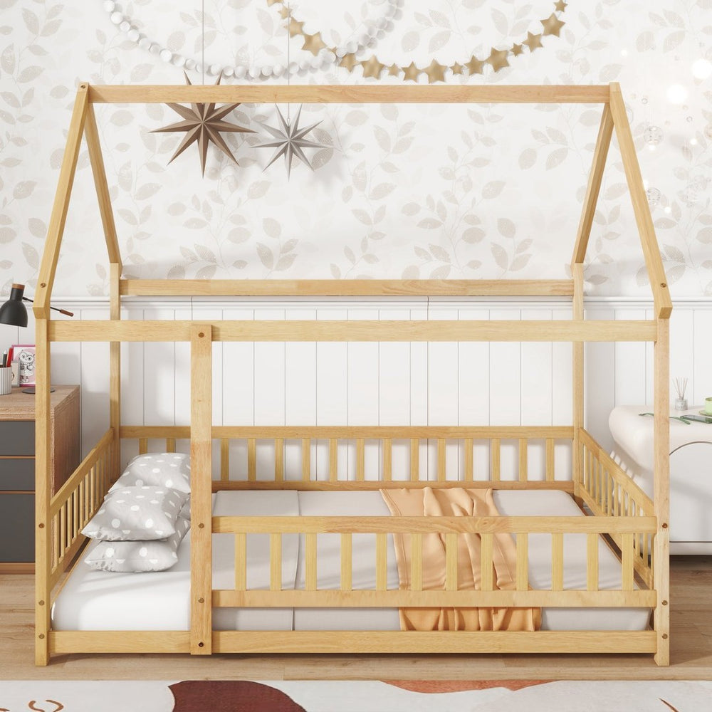 English Elm Twin House Shaped Floor Bed Solid Rubberwood Frame with Guardrails for Kids W504P370560