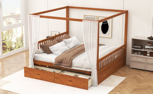 English Elm Wooden Canopy Queen Bed Solid Frame with Built-in Storage Drawers Slatted Base Walnut N7090005036L