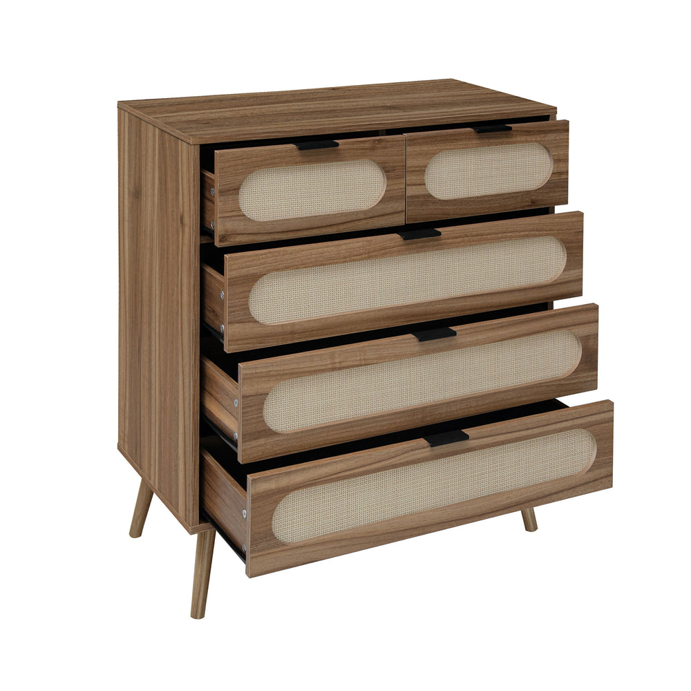 English Elm 5 Drawer Cabinet with Pine Feet, Engineered Rattan Finish, Anti-Dump Safety, Durable Moisture-Proof Storage (37.41"x18.9"x9.45") W688137513