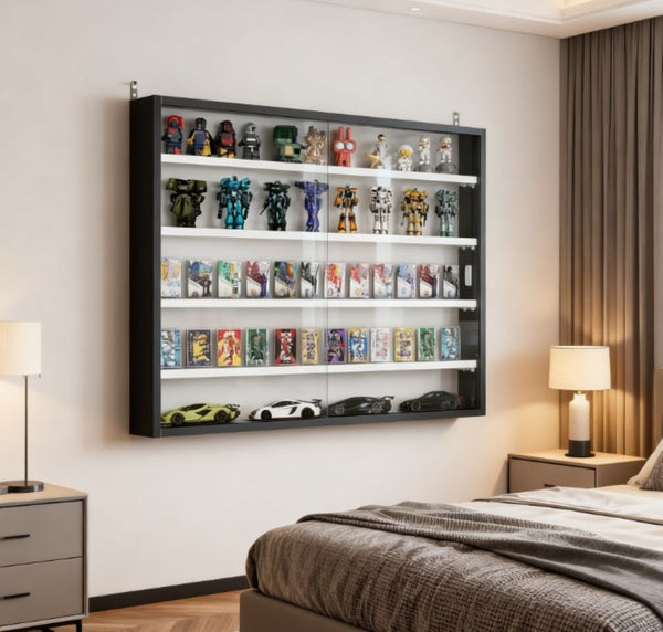 English Elm Black Wall Mounted Shadow Box Cabinet with Sliding Glass Doors for Collectibles T3971P412927