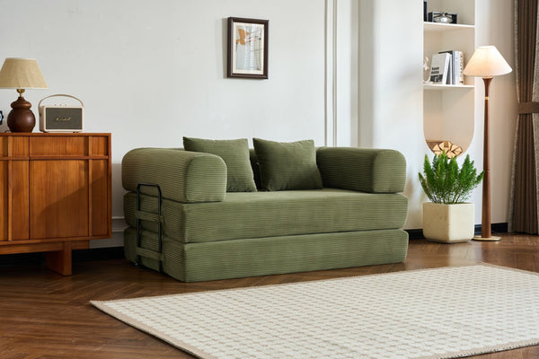 English Elm 59'' Corduroy Convertible Floor Sofa Sleeper with Bolster Pillow for Small Spaces Green W3434P406617