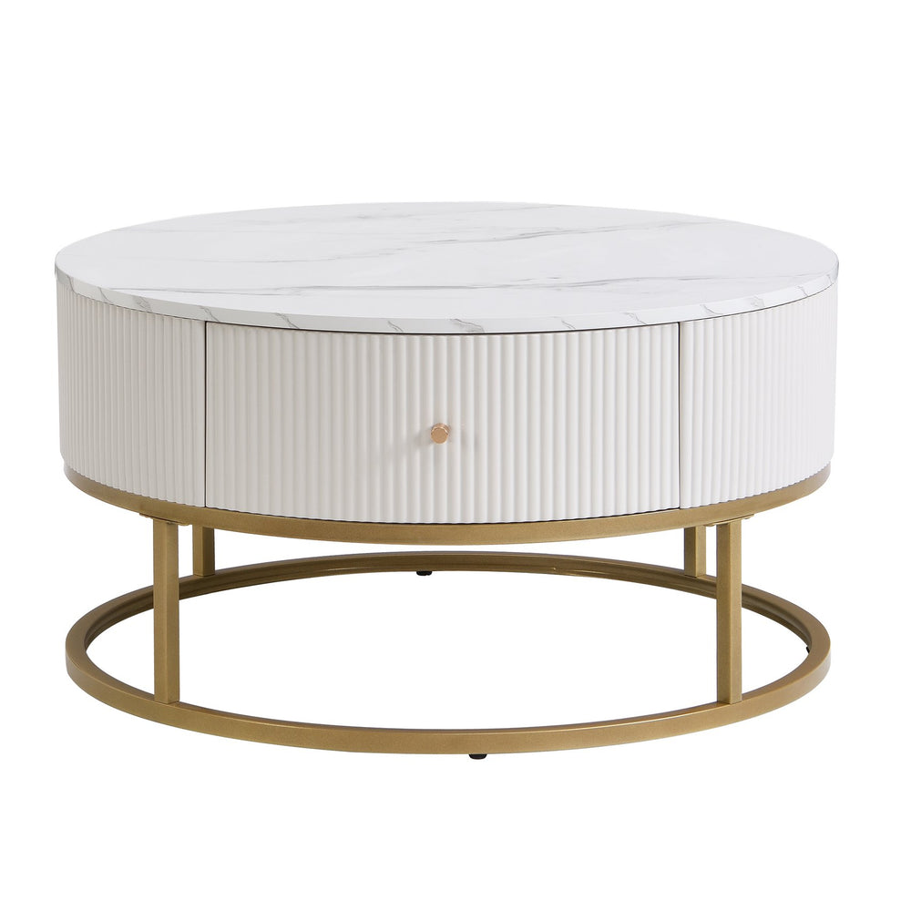 English Elm 31.5 Round Modern Coffee Table with Drawers, Faux Marble Top, Sturdy Metal Frame & Storage Durable Design W821P281502