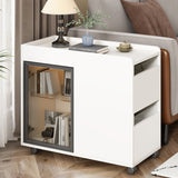 Modern End Table with LED Light, Wheels, Brown Glass Door, 2 Shelves, Drawers, White