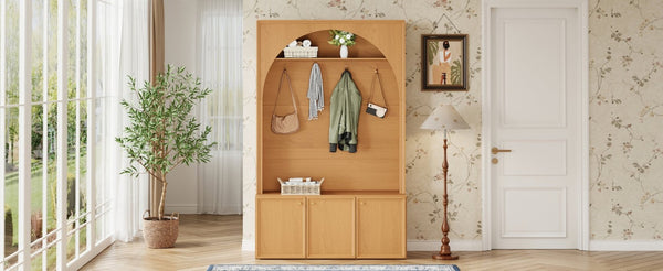 English Elm On-trend Farmhouse Hall Tree Arched Cabinet Storage Bench with Golden Hooks Mudroom Natural N721S000080D