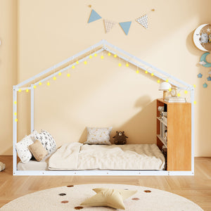 English Elm Twin House Bed Frame with Shelves & Built-In Lights, Metal-Wood Design for Creative Kids' Rooms White N737P176708K