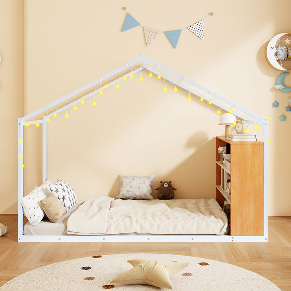 English Elm Twin House Bed Frame with Shelves & Built-In Lights, Metal-Wood Design for Creative Kids' Rooms White N737P176708K
