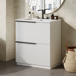 English Elm Christopher Knight Home® - 30" Elegant Freestanding Bathroom Vanity With Ceramic Sink, Soft-Close Drawers & Fluted Design N817P288915W