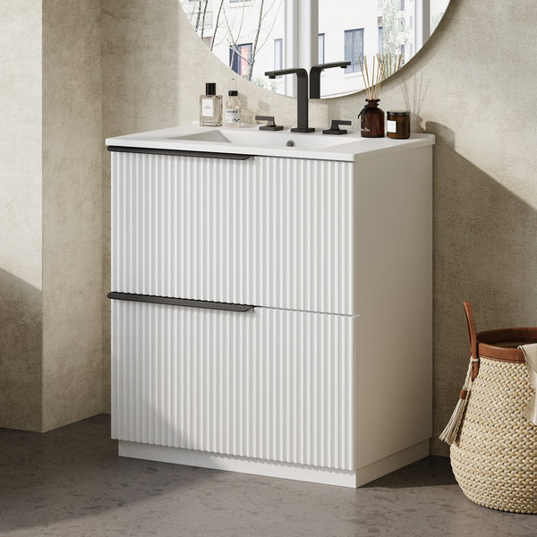 English Elm Christopher Knight Home® - 30" Elegant Freestanding Bathroom Vanity With Ceramic Sink, Soft-Close Drawers & Fluted Design N817P288915W