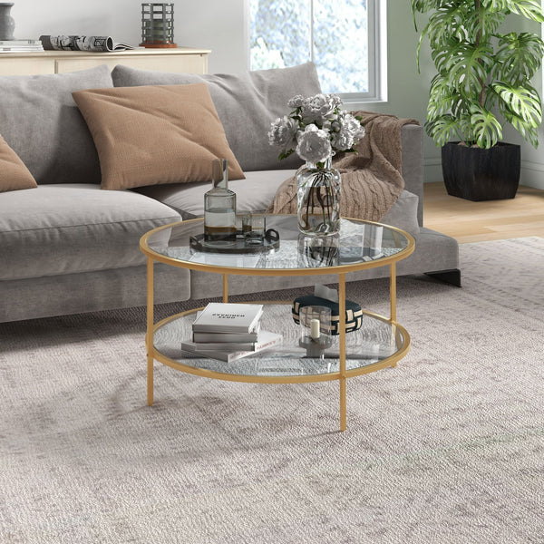 English Elm Homcom Elegant Gold Round Side Table With Two-Tier Tempered Glass Shelves For Stylish Living Rooms W2225P217455