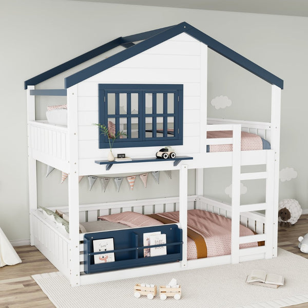 English Elm Full Bunk Bed with Trundle Bookshelf Storage Pine Frame Car Design for Kids White W1580S00552