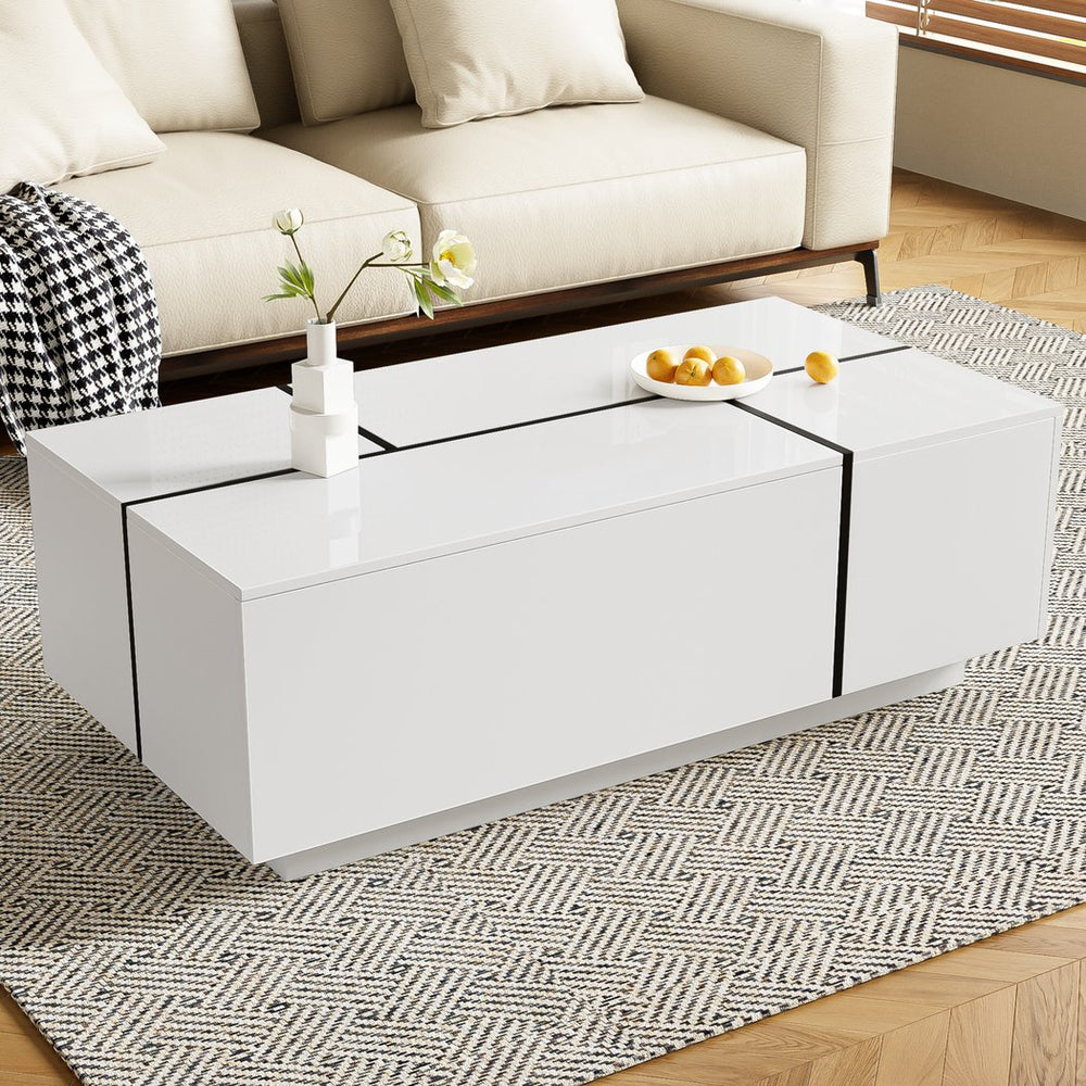 English Elm U-Can Extendable Coffee Table with Hidden Side Compartments and Dual Drawers, High-Gloss MDF Elegance White N724P292070K