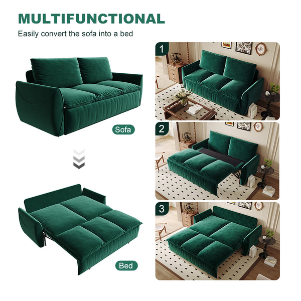 English Elm 70.9" Multi-Functional Convertible Sleeper Sofa Bed with 2-in-1 Pillow & Blanket Set, Velvet loveseat Green W1885P263565