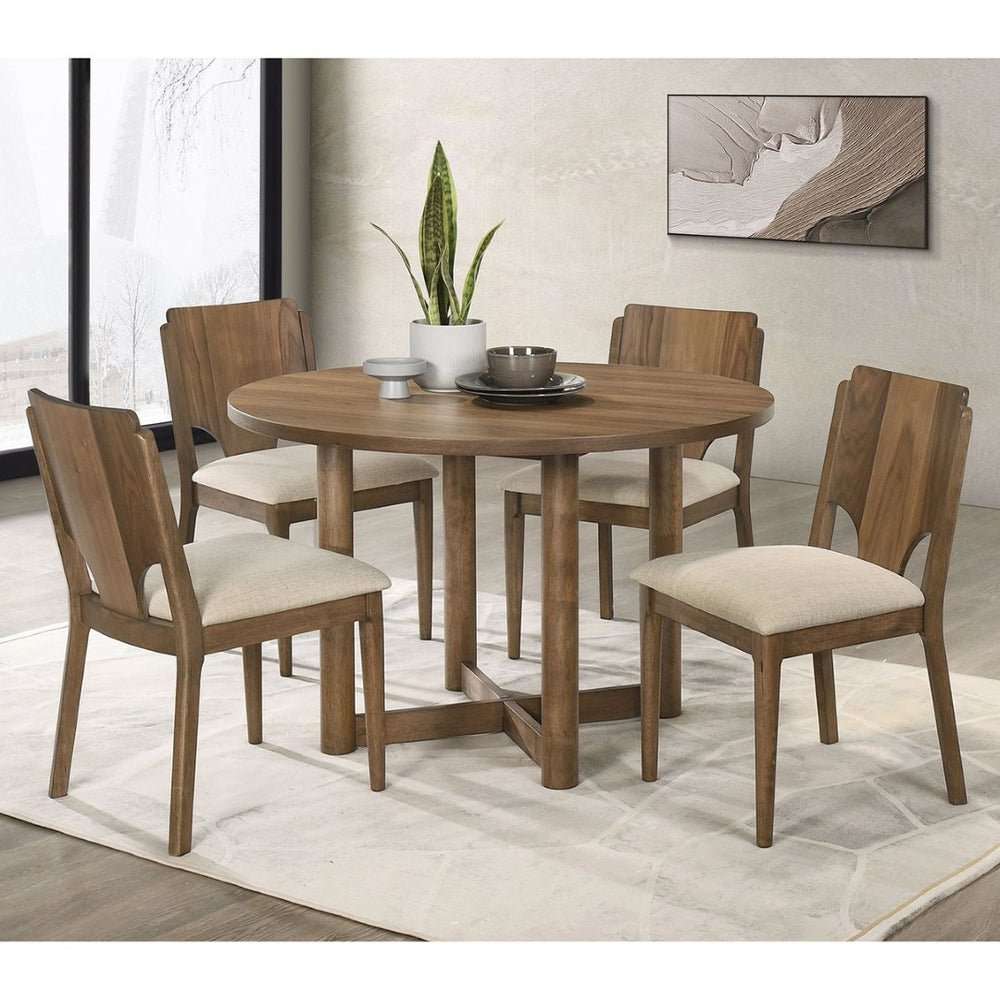 English Elm Graham Round Walnut Veneer Dining Set with X-cross Base and Cushioned Side Chairs B062S01724