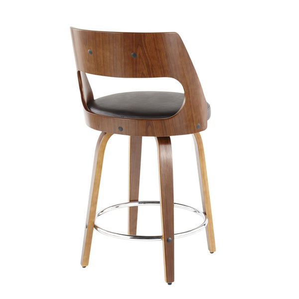 English Elm Cecina Mid-Century Counter Stool Set of 2 - Walnut Curved Frame, Brown Faux Leather Swivel Seat B202S00017