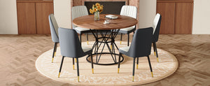 English Elm Table and Chair Set Round Walnut Mdf Dining with Six Two-tone Pu Seats Gold Legs W1151S04844