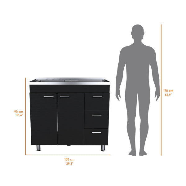 English Elm Darien Melamine Base Cabinet with Stainless Steel Top, Faucet Hole, 3 Drawers & Double Door Storage B128S00005
