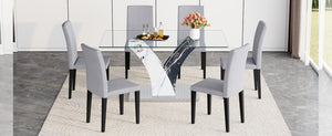 English Elm Table And Chair Set - Modern Glass Dining Table With 6 Light Gray Linen-Cotton Chairs For Comfort W1151S03807-GIGA