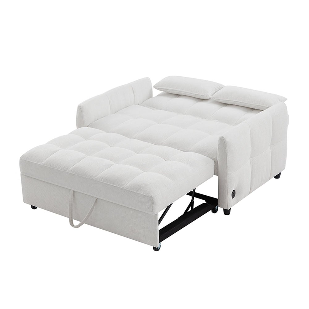 English Elm 52.8" Loveseat Sofa Pull-Out Bed with Adjustable Backrest, Tufted Chenille, 3 USB Ports & Pillows Beige N719S001710A