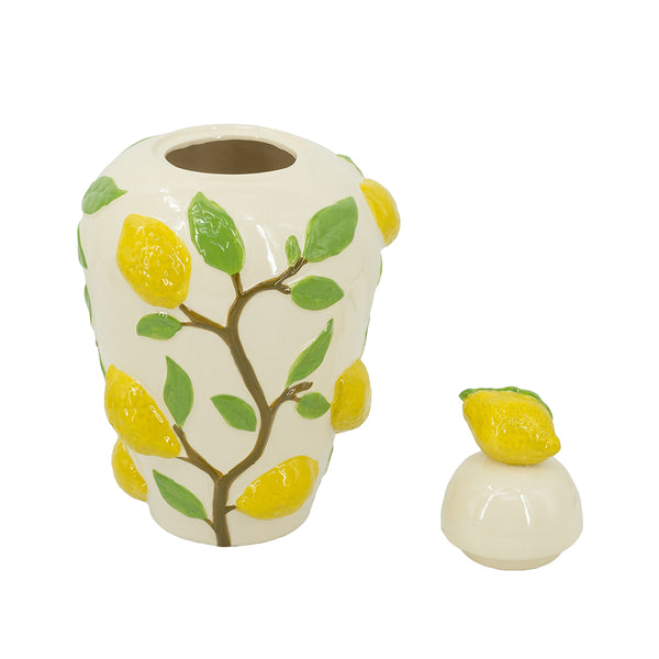 English Elm 8.7x8.7x15" Ceramic Lidded Jar with Lemon Motif and Leaf Accents — Chic Decorative Storage Accent Green,White,Yellow W2078P390428