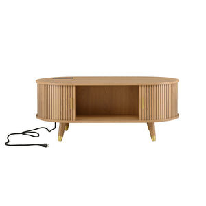English Elm [Assembly Fluted Tambour Coffee Table with 360° Sliding Door, Built-In Charging Station & Mid-Century Flair Natural N721P297572L